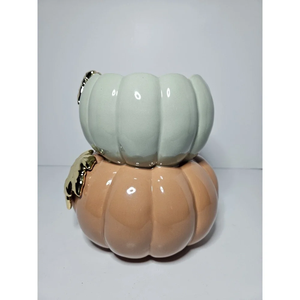 Bath Body Works Stacked Pumpkin 3 Wick Candle Holder Ceramic Gold Leaf Fall 8in